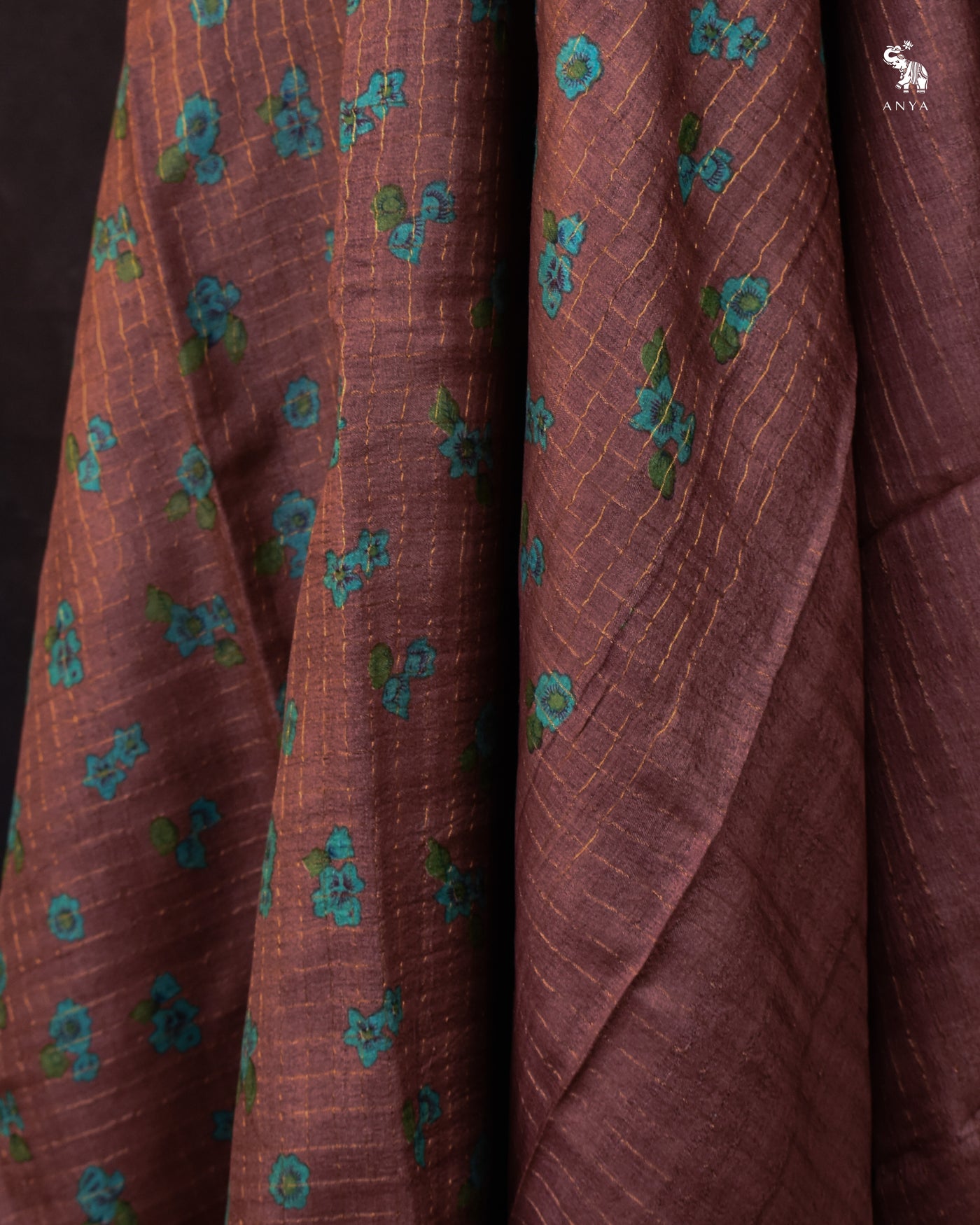 Brown Tussar Silk Saree with Floral Print Zari Checks Design