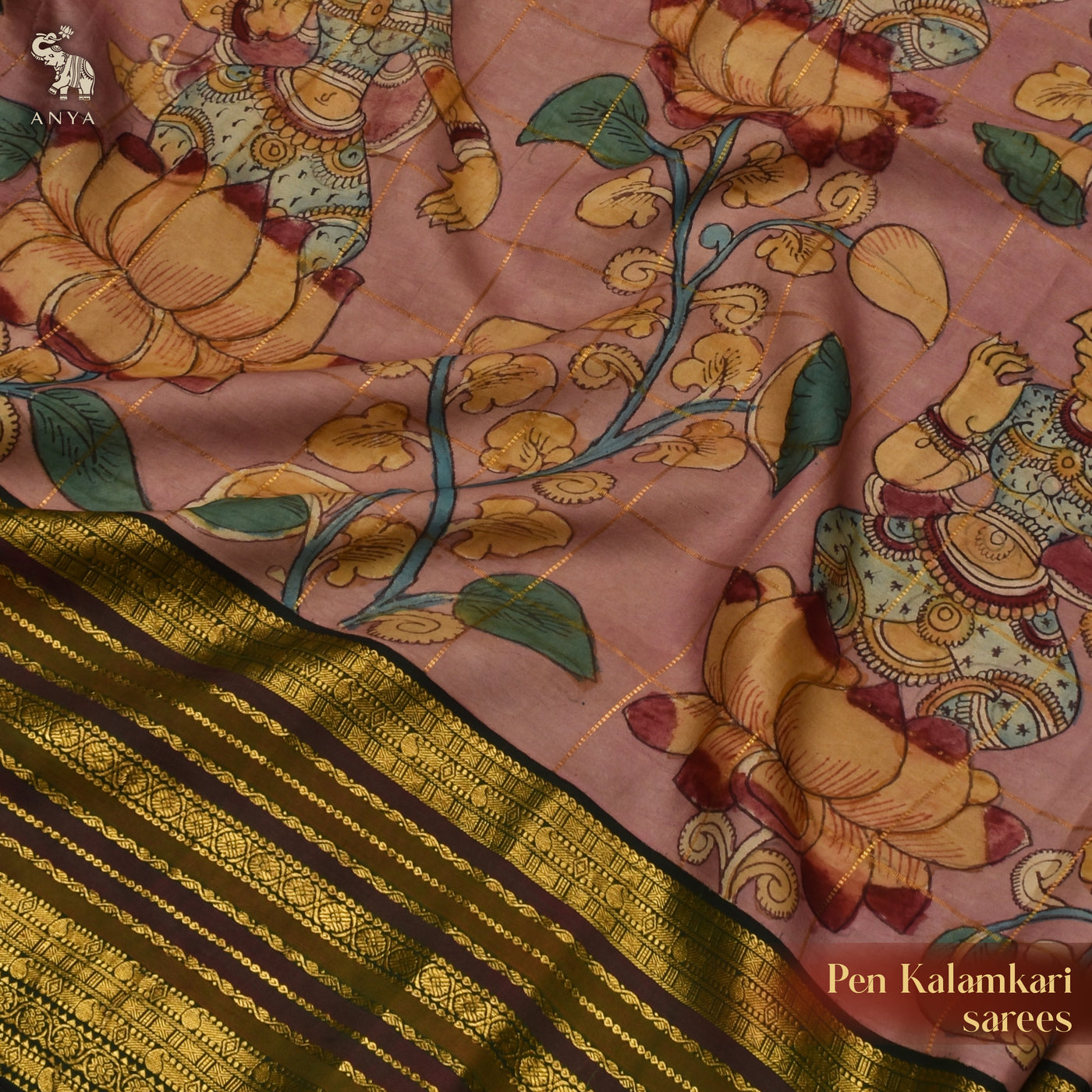 Onion Pink Pen Kalamkari Kanchi Silk Saree with Bottle Green Getti Self Pallu