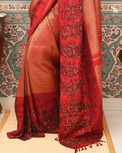 Red Diamond Zari Kanchi Silk Saree with Kalamkari Embroidery Design