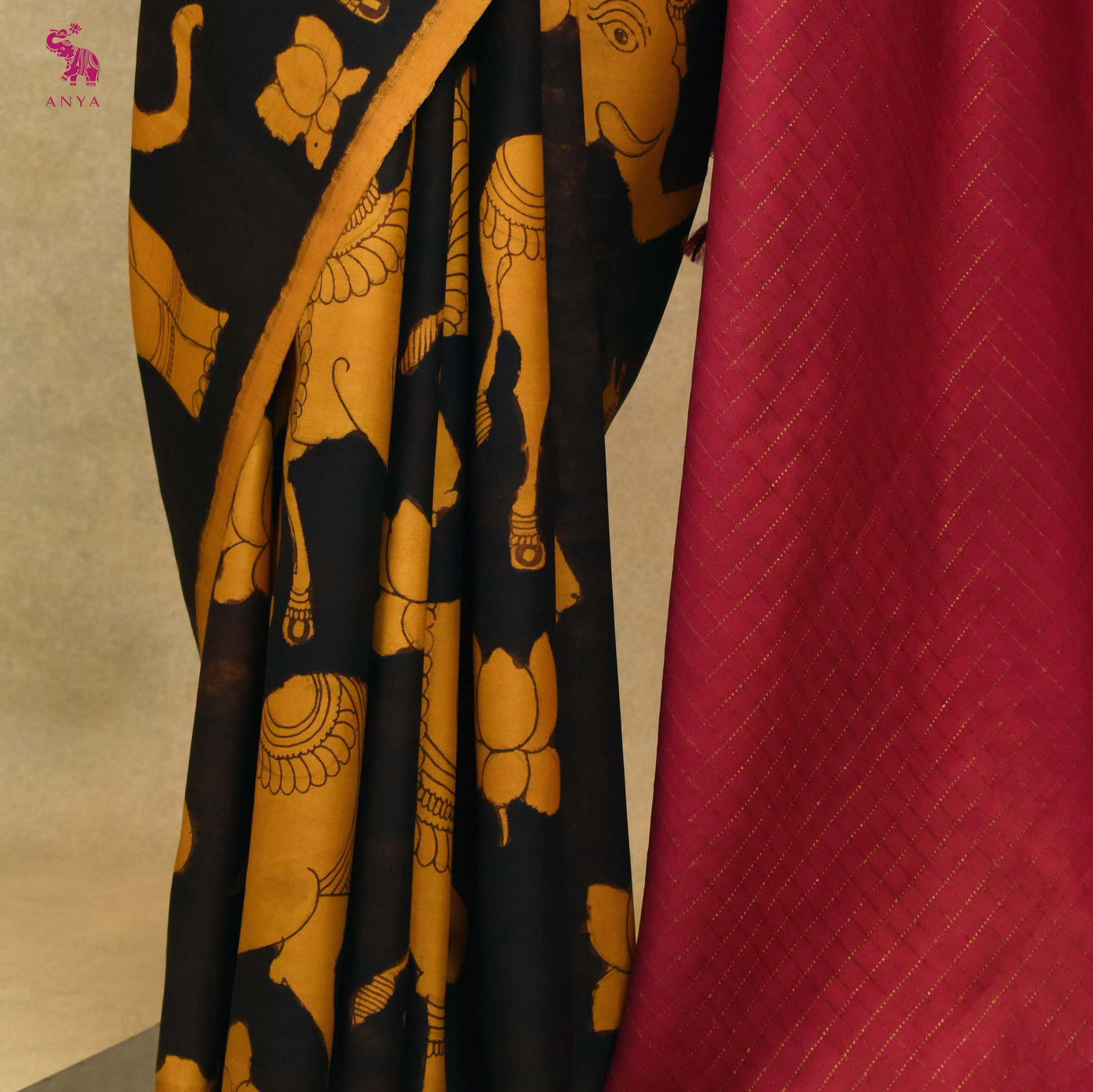 Yellow Pen Kalamkari Kanchi Silk Saree