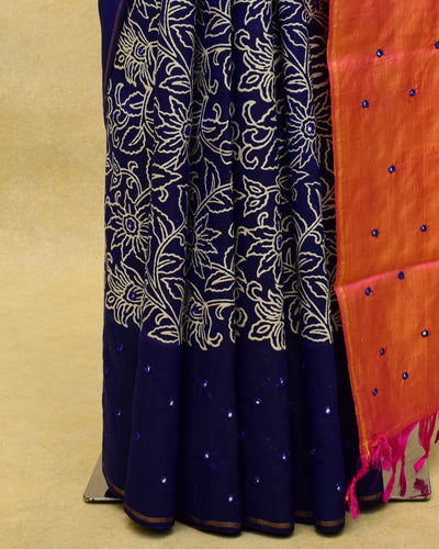 Ms Blue Printed Kanchi Silk Saree with Floral Print and Mirror Work Design