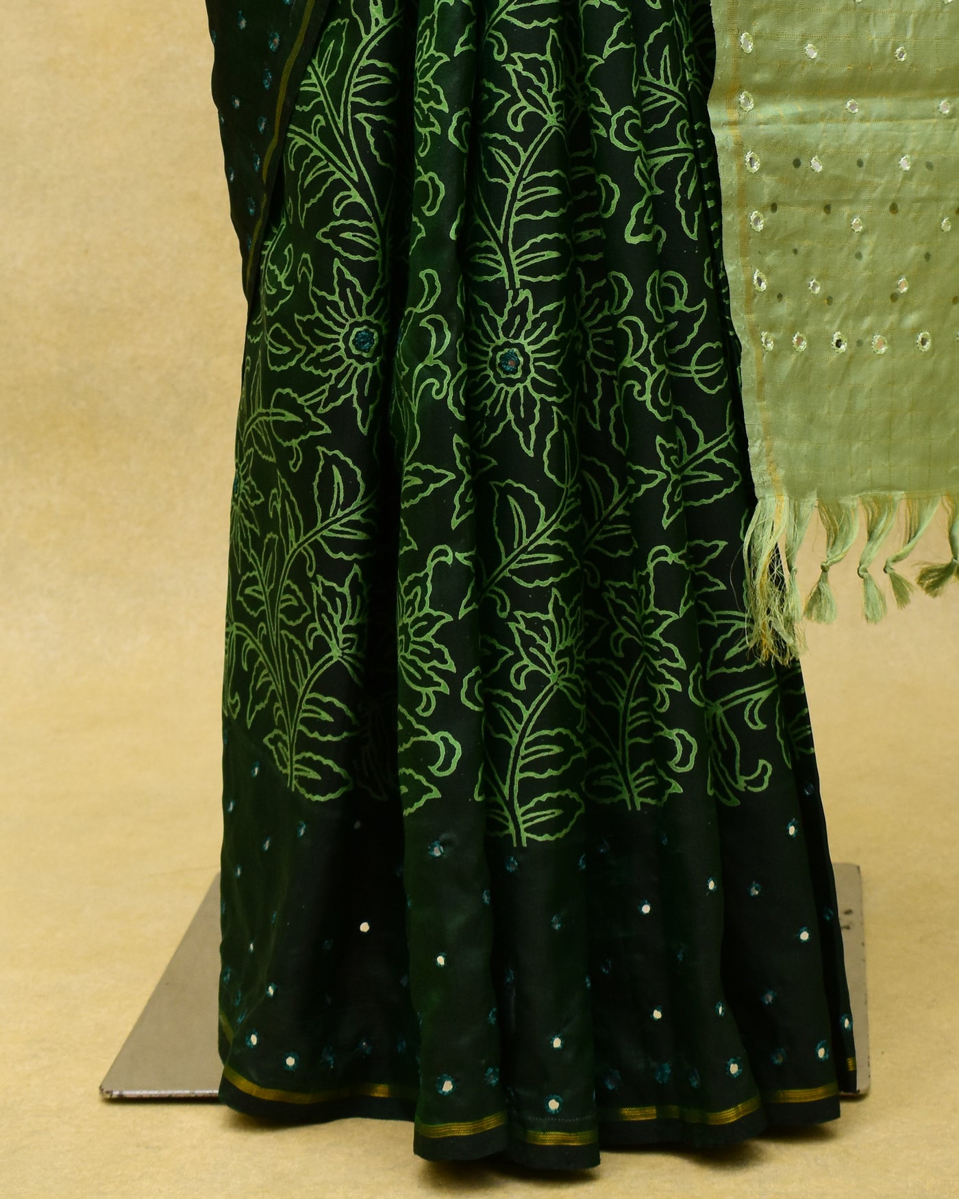 Bottle Green Printed Kanchi Silk Saree with Floral Print and Mirror Work Design