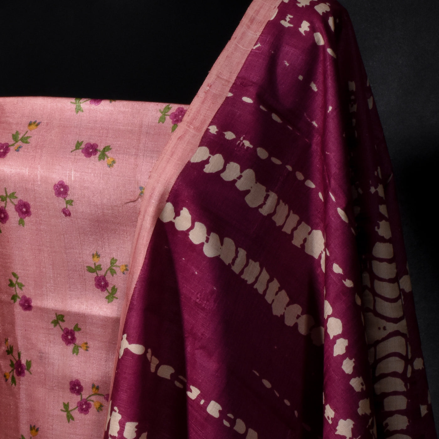 Pink Tussar Silk Salwar with Black Magenta Shibori Print Dupatta