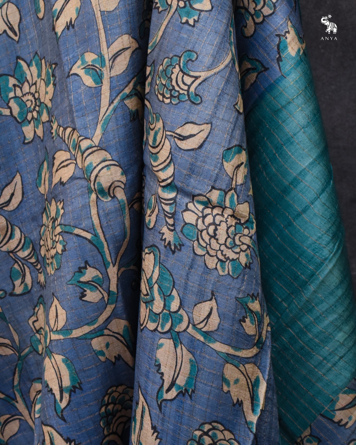 Powder Blue Tussar Silk Saree with Floral Print Zari Checks Design