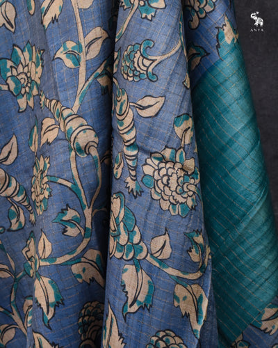 Powder Blue Tussar Silk Saree with Floral Print Zari Checks Design