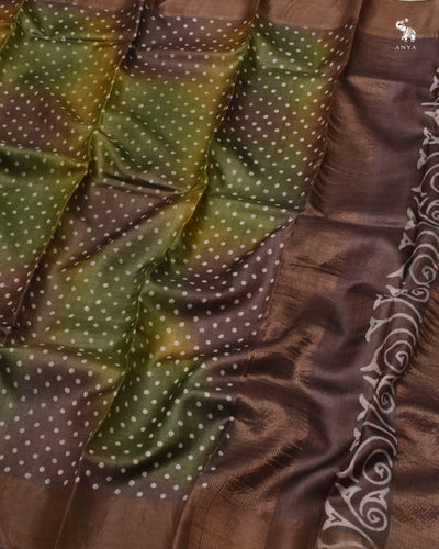 Green Multicolor Tussar Silk Saree with Dots Design