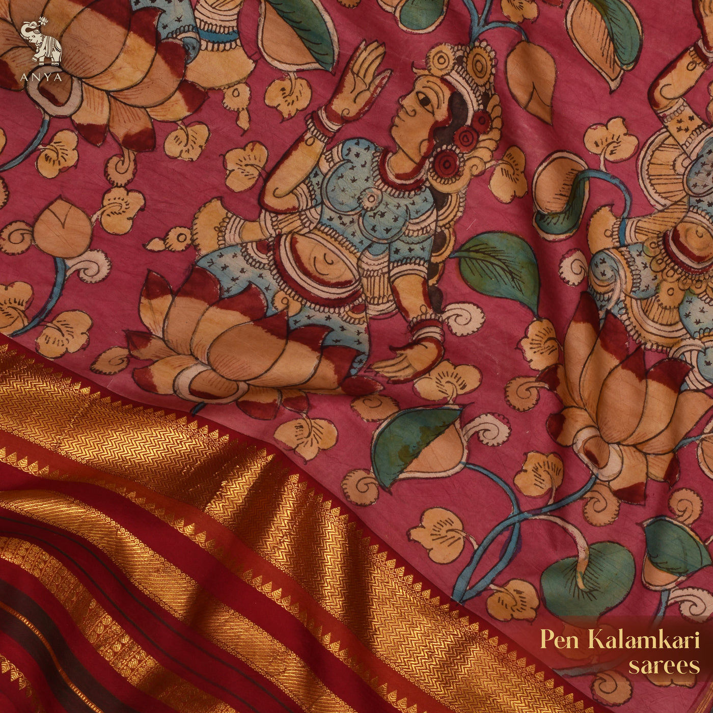 Lotus Pink Pen Kalamkari Kanchi Silk Saree with Kanchi Arakku Getti Self Pallu