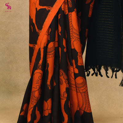 Orange Pen Kalamkari Kanchi Silk Saree