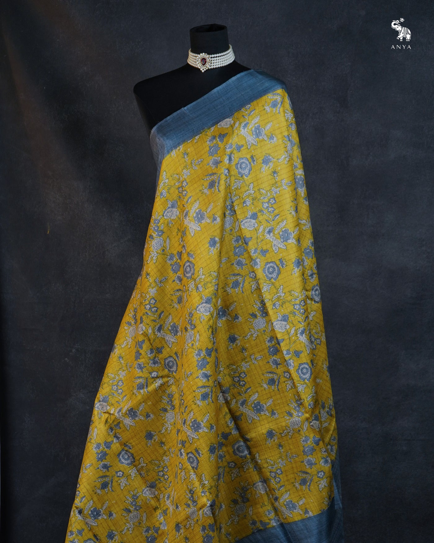 Lemon Yellow Tussar Silk Saree with Floral Print Zari Checks Design