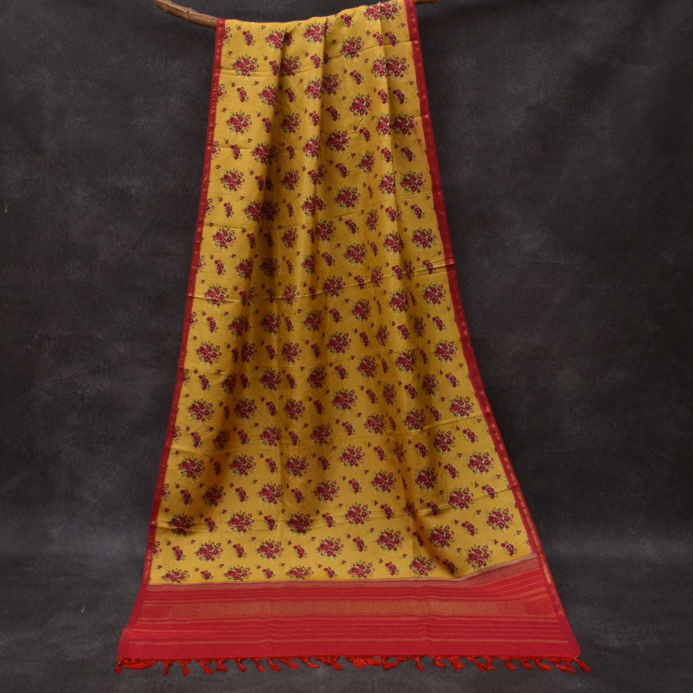 Mustard Floral Printed Kanchi Silk Dupatta with Arakku Thakkali Seer Border Design