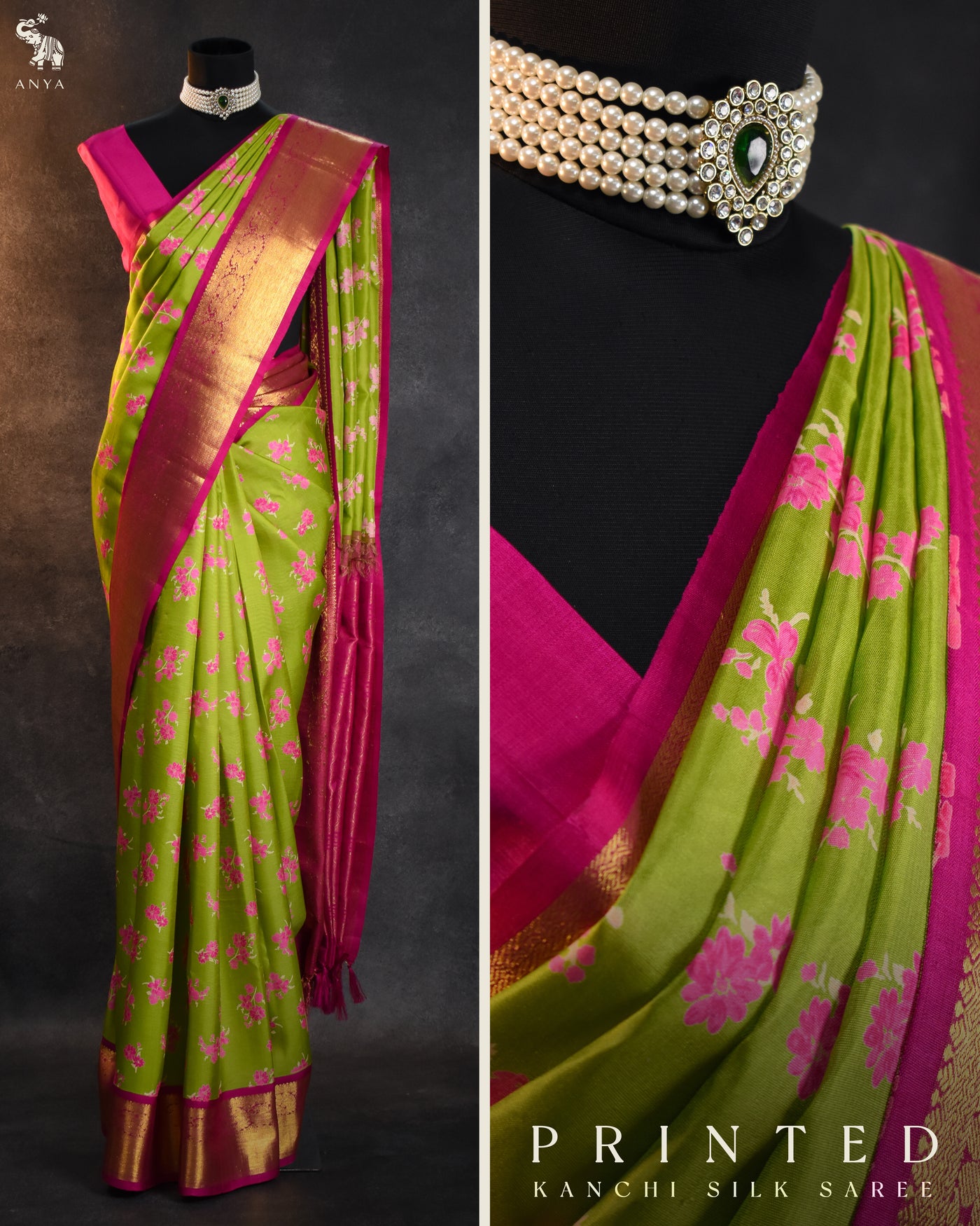 Parrot Green Printed Kanchi Silk Saree with Floral Printed Design