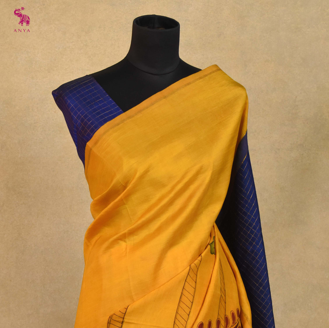 Mustard Pen Kalamkari Kanchi Silk Saree