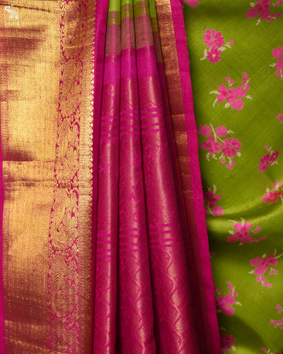 Parrot Green Printed Kanchi Silk Saree with Floral Printed Design