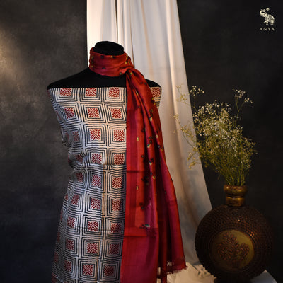 Off White Tussar Silk Salwar with Red Floral Printed Dupatta