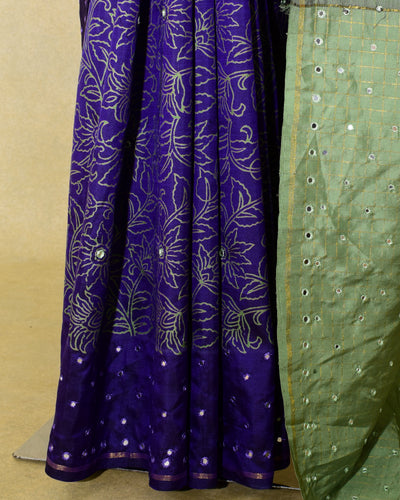 Navy Blue Printed Kanchi Silk Saree with Floral Print and Mirror Work Design