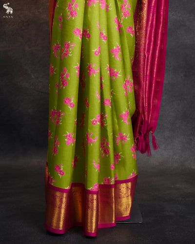 Parrot Green Printed Kanchi Silk Saree with Floral Printed Design