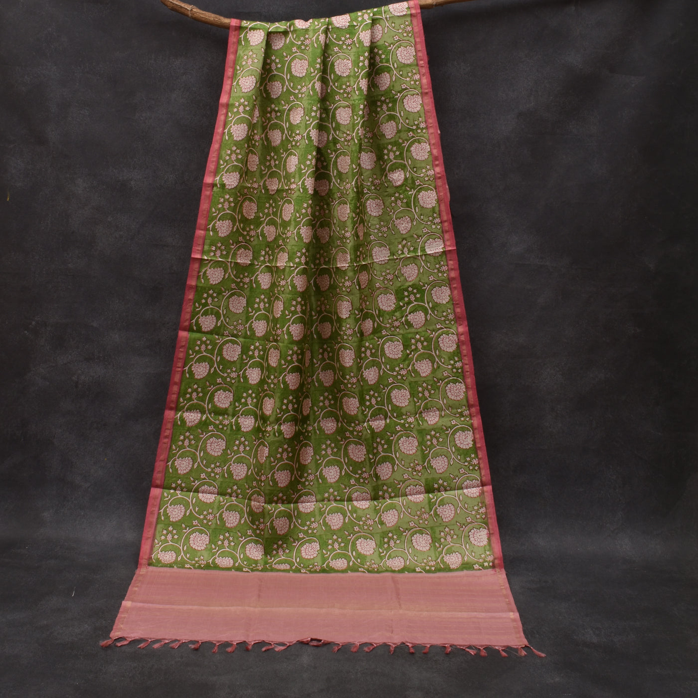 Apple Green Printed Kanchi Silk Dupatta with Onion Pink Seer Border Design