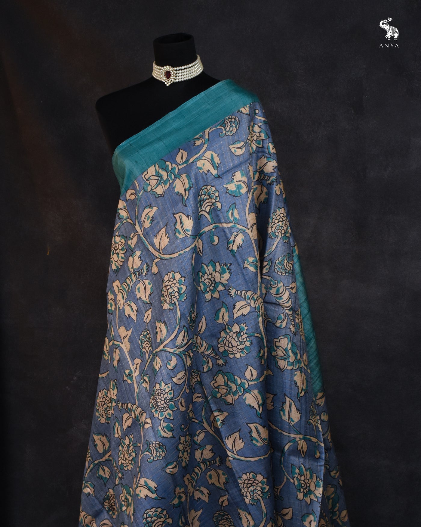 Powder Blue Tussar Silk Saree with Floral Print Zari Checks Design