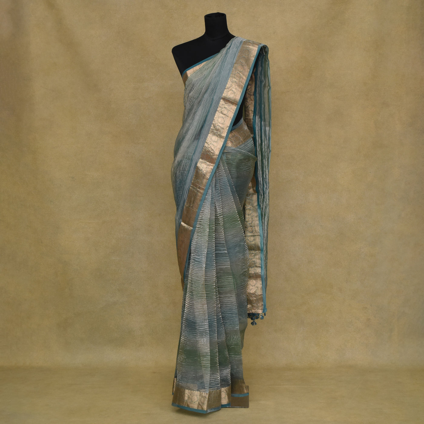 Blue Multicolour Tissue Saree with Crush Tissue Pallu