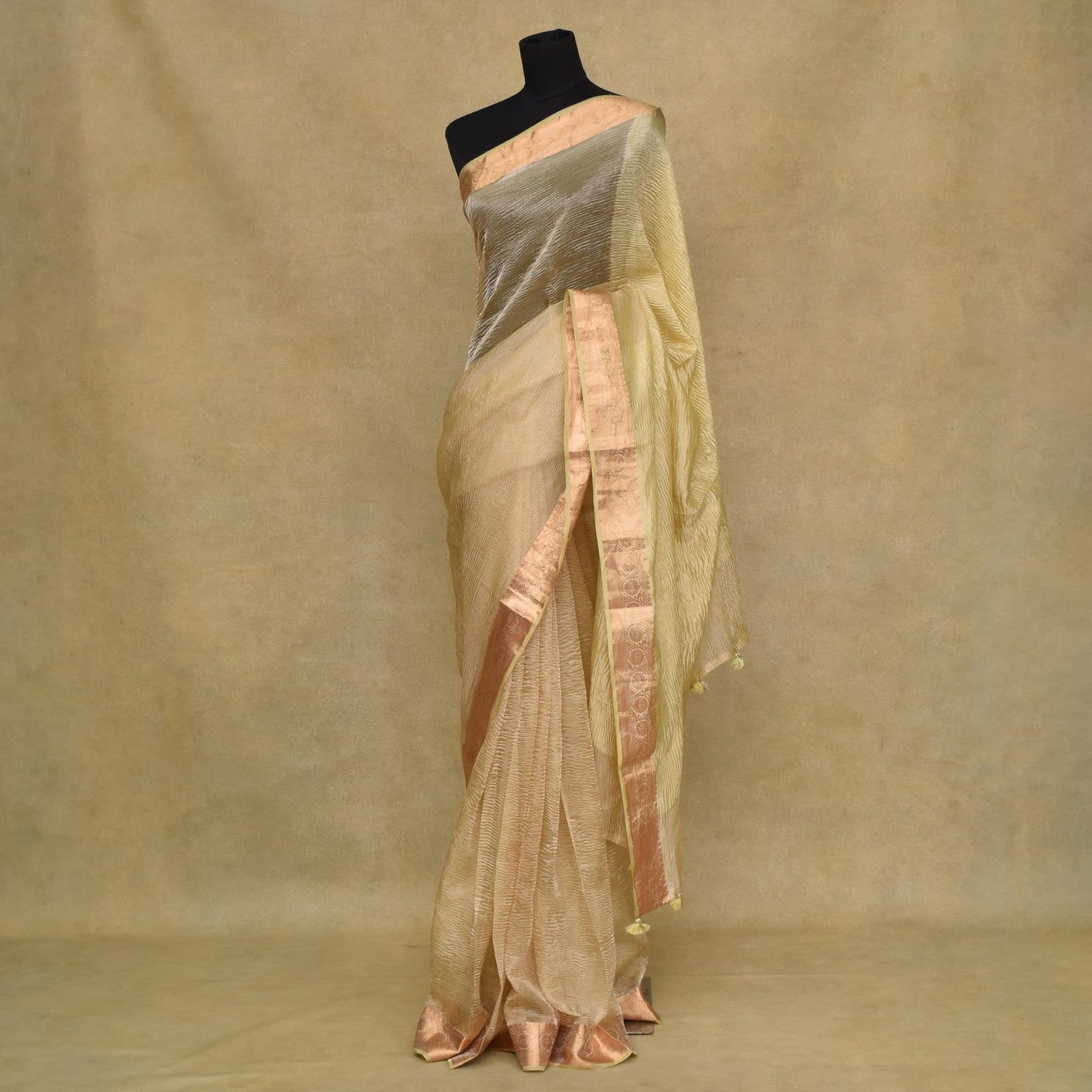 Lemon Yellow Multicolour Tissue Saree with Crush Tissue Pallu