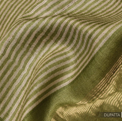 Green Tussar Silk Salwar with Off White Stripes Dupatta