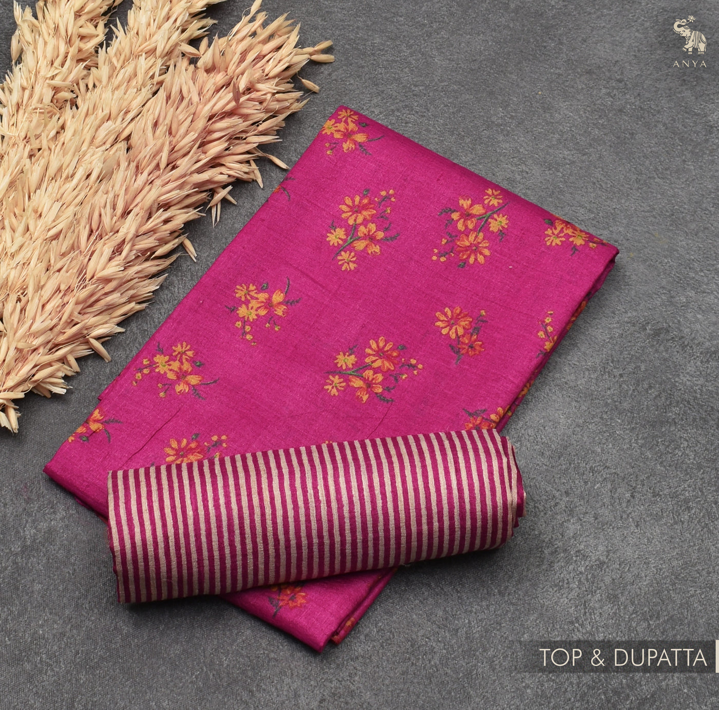 Magenta Tussar Silk Salwar with Off White and Magenta Stripes Dupatta