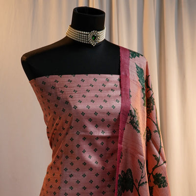 Onion Pink Tussar Silk Salwar with Onion Pink Leaf Print Dupatta