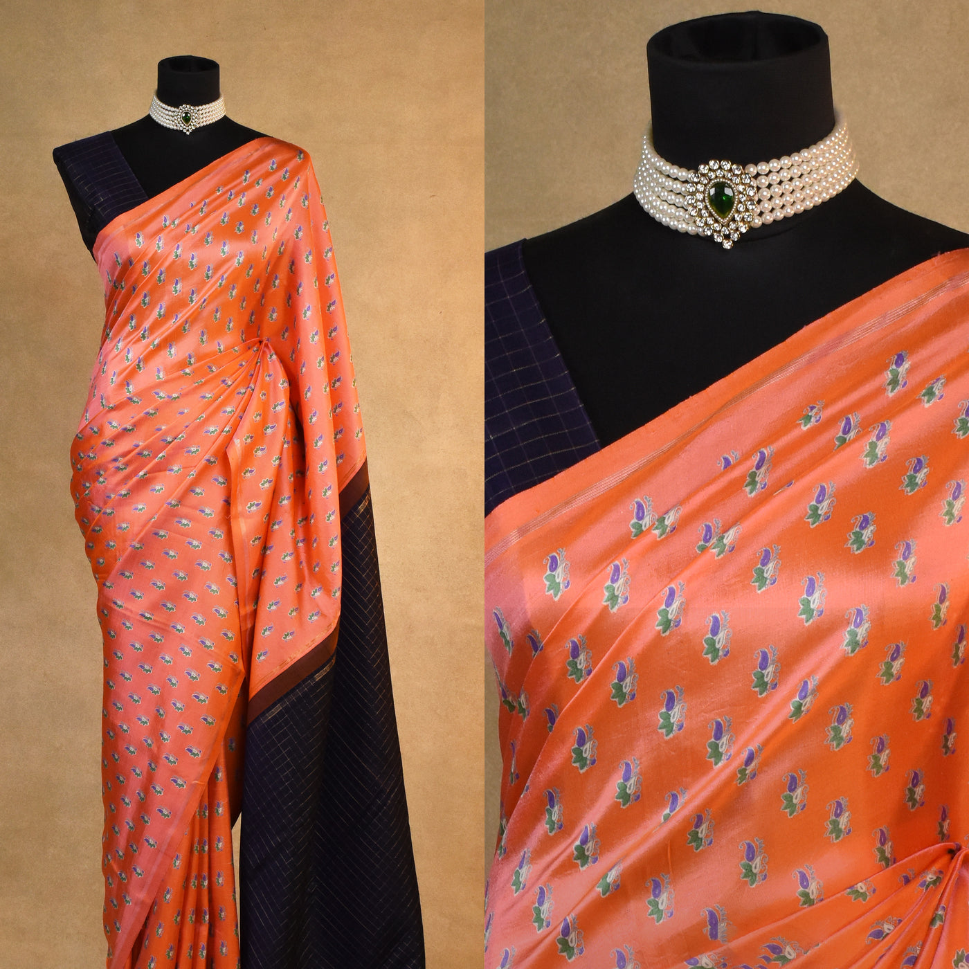 Peach Printed Kanchi Silk Saree with Small Printed Design