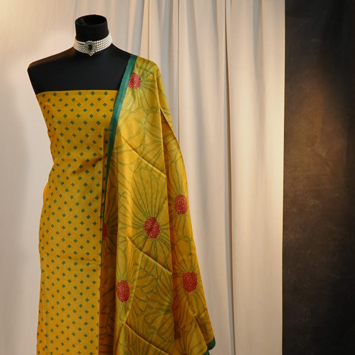 Yellow Tussar Silk Salwar with Yellow Floral Print Dupatta