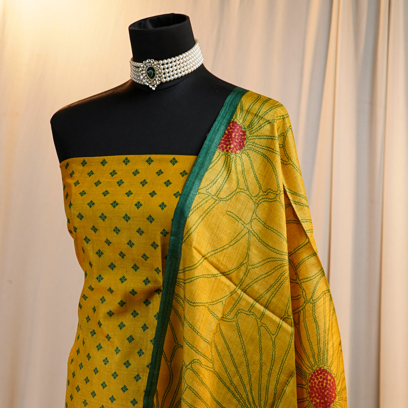 Yellow Tussar Silk Salwar with Yellow Floral Print Dupatta