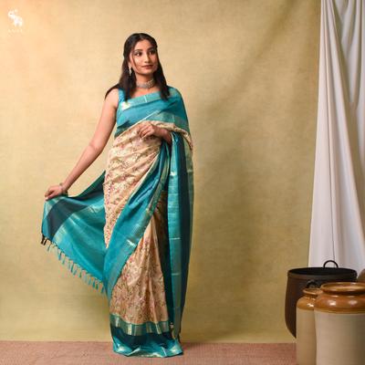 Off White Kanchi Silk Saree with Floral Embroidery Design