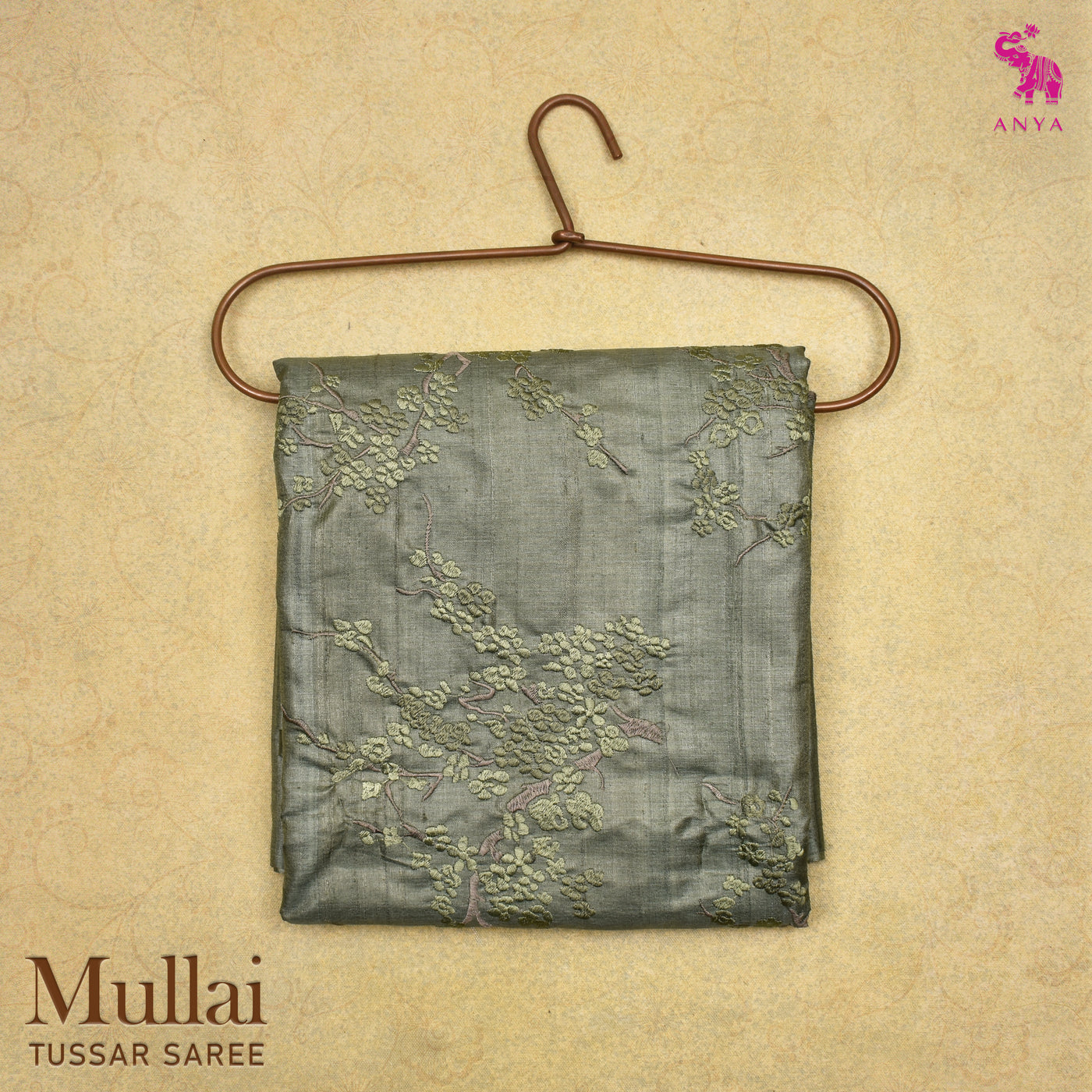 Olive Green Tussar Silk Saree with Floral Embroidery Design