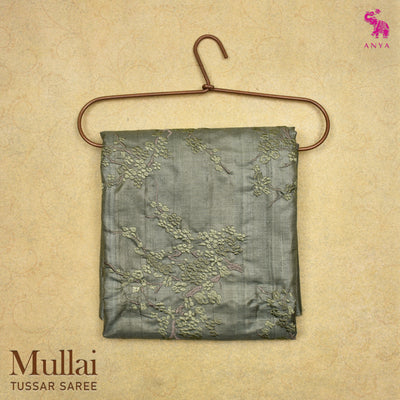 Olive Green Tussar Silk Saree with Floral Embroidery Design