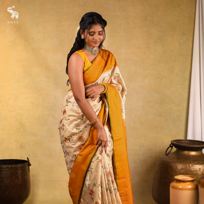 Off White Kanchi Silk Saree with Zari Kattam and Floral Embroidery Design