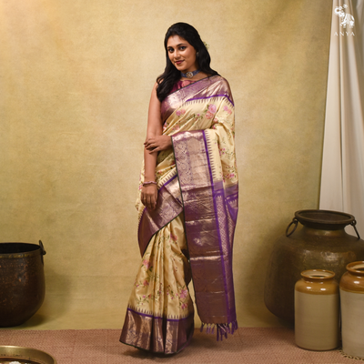 Off White Kanchi Silk Saree with Floral Embroidery Design