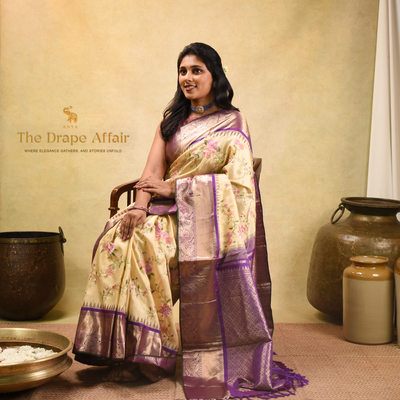 Off White Kanchi Silk Saree with Floral Embroidery Design