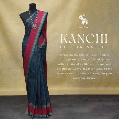Peacock Blue Kanchi Cotton Saree with Thread Butta Design