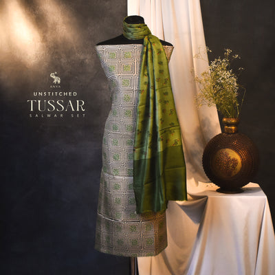 Off White Tussar Silk Salwar with Apple Green Floral Printed Dupatta