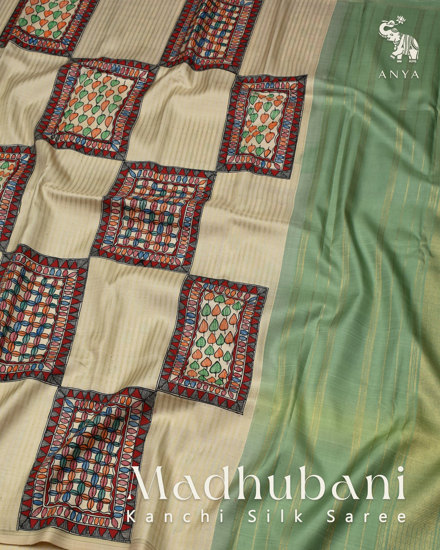 Off White Madhubani Kanchi Silk Saree with Box Pattern Design