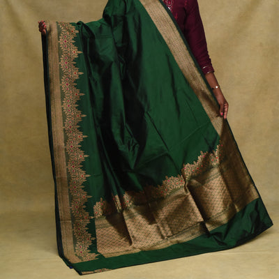 Bottle Green Banarasi Silk Saree with Getty Self Pallu