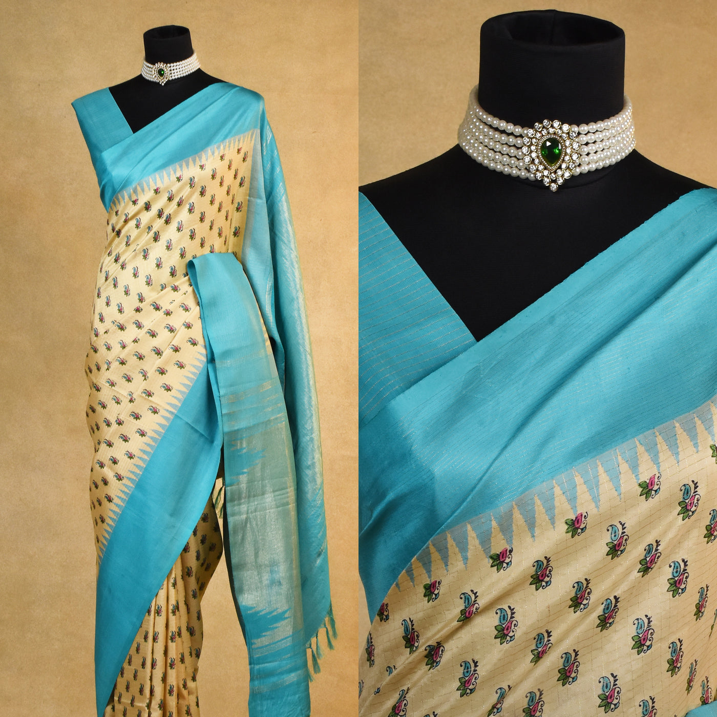 Off White Printed Kanchi Silk Saree with Small Print and Small Zari Checks Design