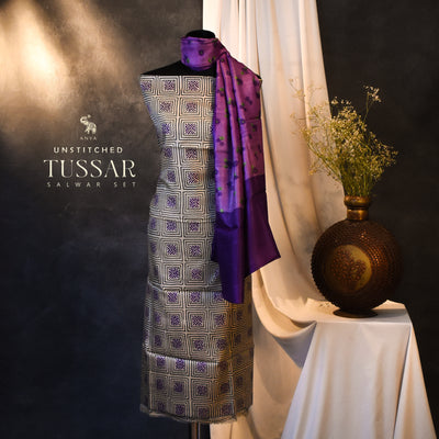 Off White Tussar Silk Salwar with Lavender Floral Printed Dupatta