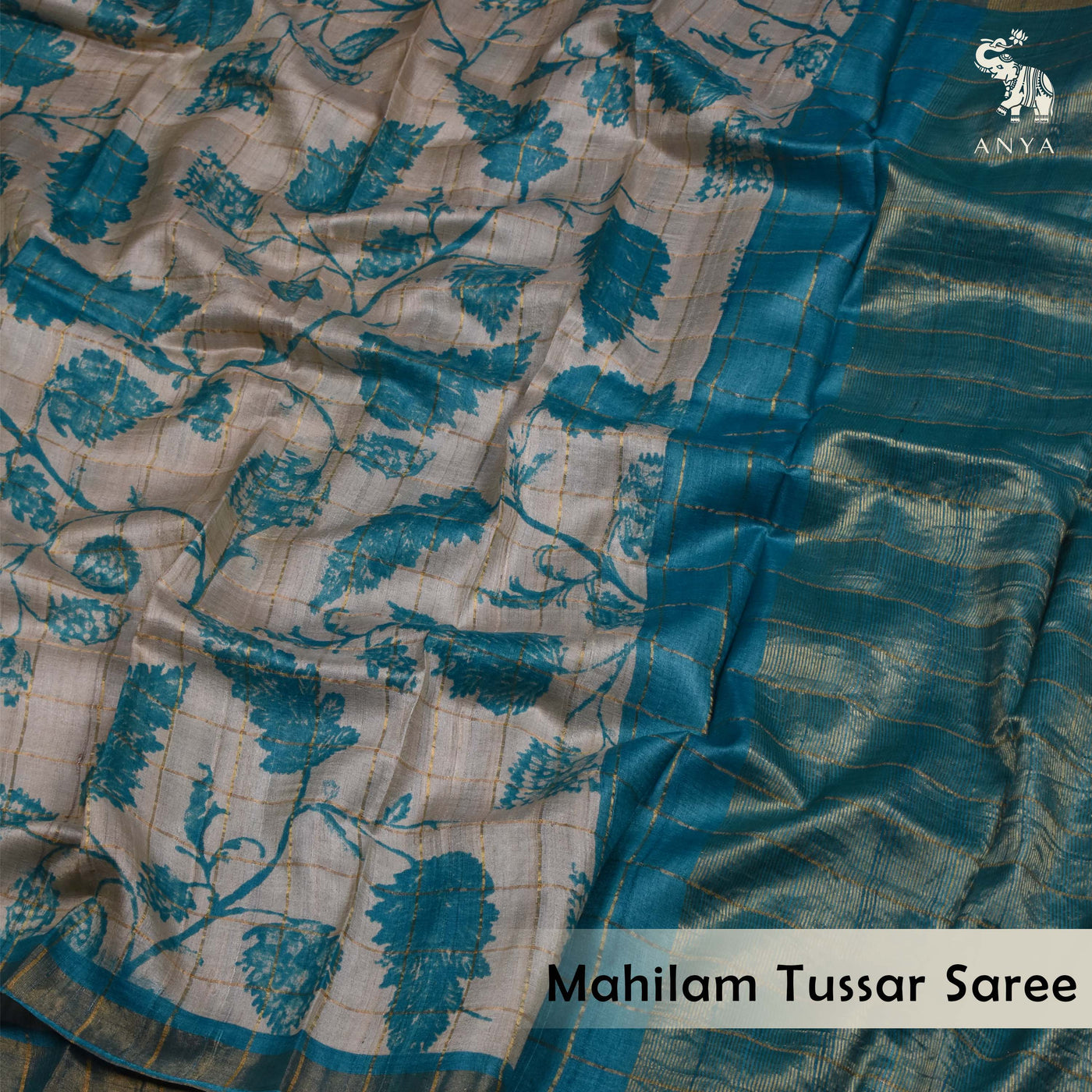 Off White Tussar Silk Saree with Leaf Print and Zari Checks Design