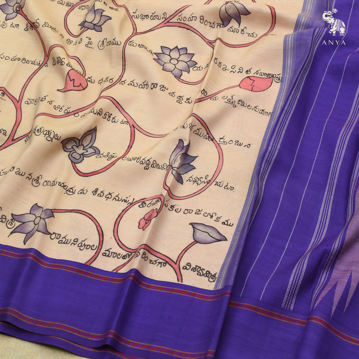 Off White Pen Kalamkari Silk Saree with Floral Design