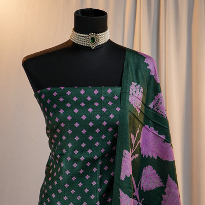 Green Tussar Silk Salwar with Green Leaf Print Dupatta