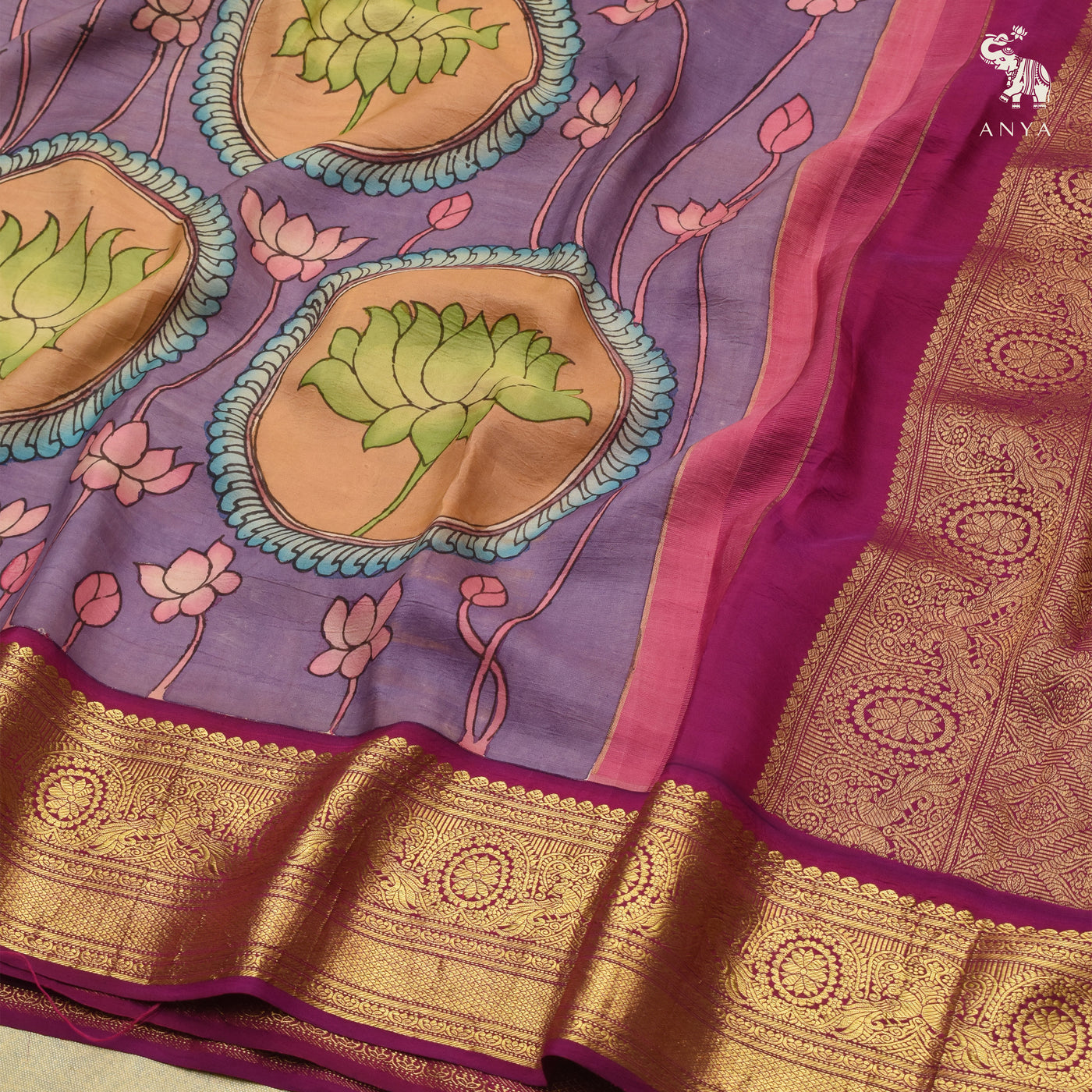 Lavender Pen Kalamkari Kanchi Silk Saree
