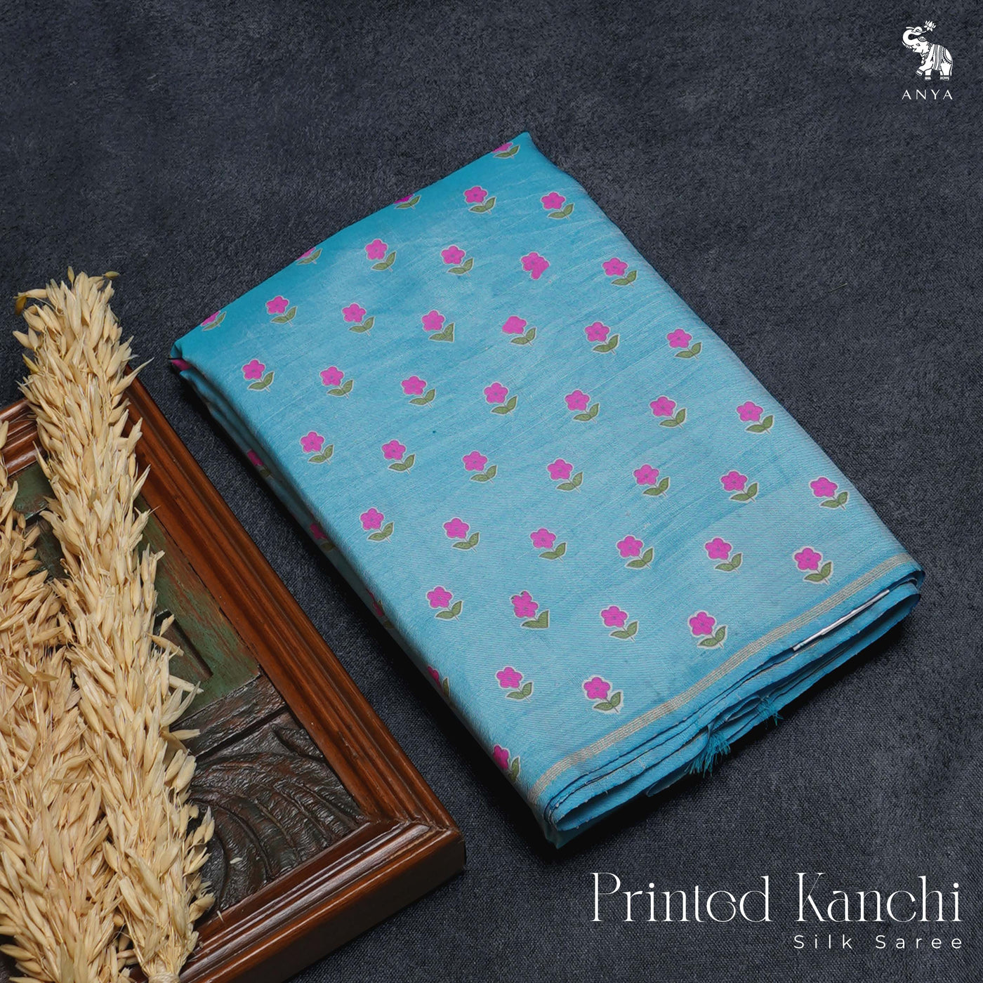 Powder Blue Printed Kanchi Silk Saree with Small Flower Print Design