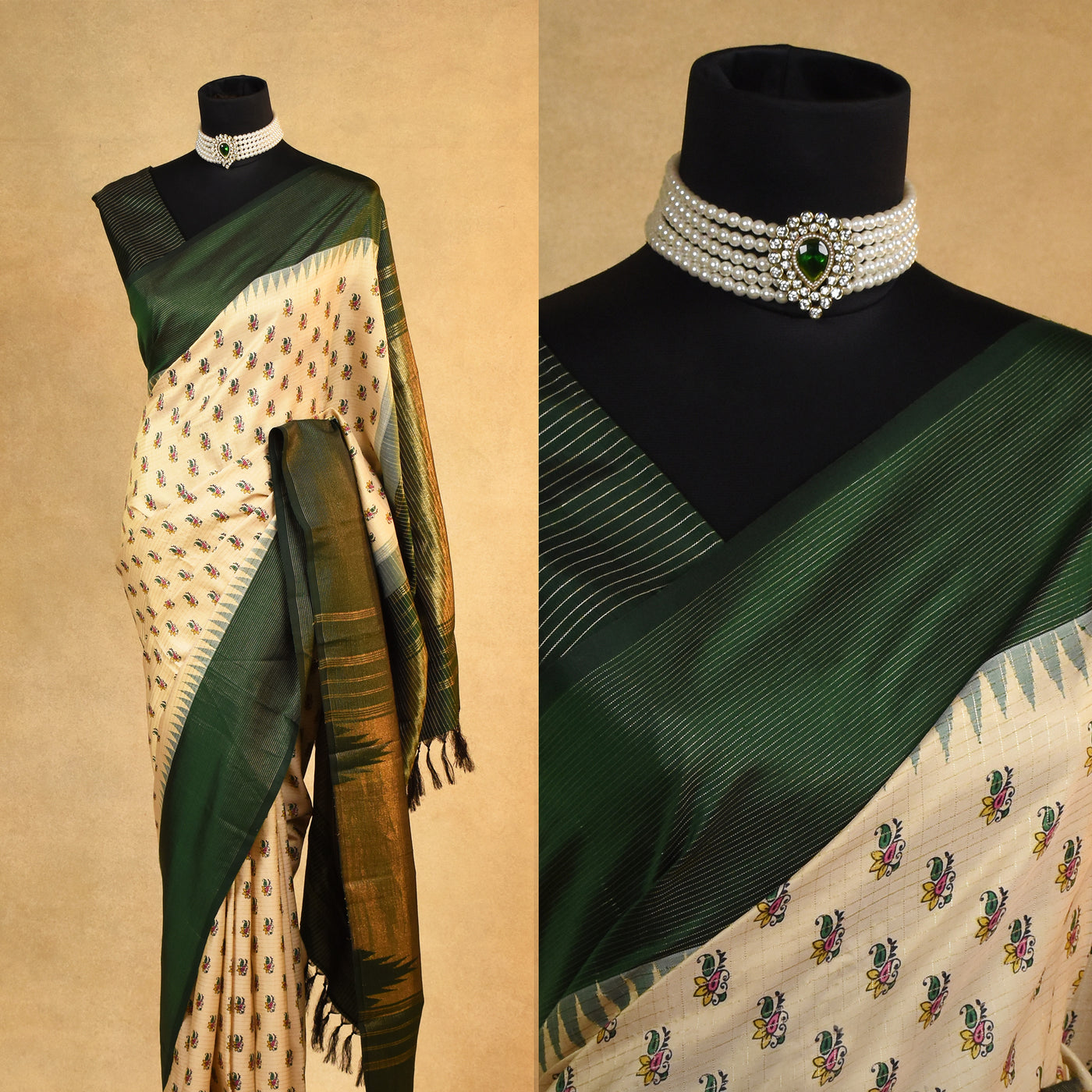 Off White Printed Kanchi Silk Saree with Small Print and Small Zari Checks Design