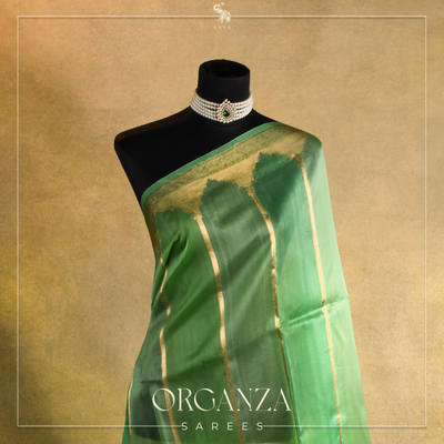 Apple Green Organza Saree with Horizontal Zari Stripes Design