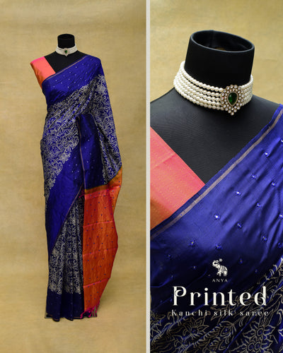 Ms Blue Printed Kanchi Silk Saree with Floral Print and Mirror Work Design